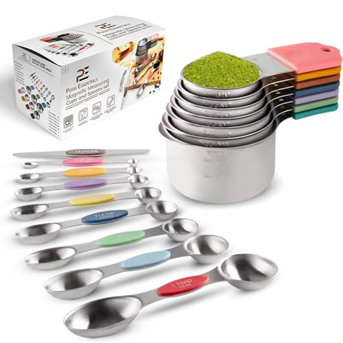 POSH ESSENTIALS 15 PCS Magnetic Measuring Spoons & Cups Set - 18/8 Food Grade Stainless Steel, Double Sided, Dishwasher Safe - Easy Read & Stackable for Effortless Storage