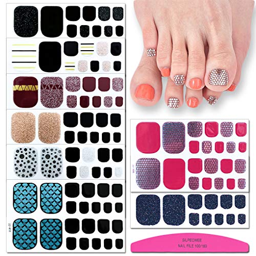 SILPECWEE 8 Sheets Glitter Toe Nail Polish Strips for Women Full Nail Wraps Adhesive Nail Polish Stickers Nail Stickers Tips with 1pc Nail File
