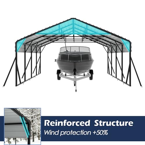 Xilingol Metal Carport, Heavy Duty Carport Canopy with Galvanized Steel Frame and Roof, Outdoor Storage Shed, Car Tent Garage Shelter for Pickup, Truck, Boat and Tractor, Grey (20x20 FT Black) - Thumbnail 7