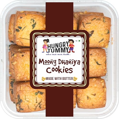 Image of HUNGRY TUMMY Moong Dhaniya Cookies - Handmade Butter Biscuits | Crunchy Savory Snack with Moong Dal & Coriander | Light, Protein-Rich & Digestive Friendly | Freshly Baked, No Preservatives | Perfect Tea-Time Snack (Pack of 350g)