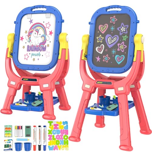 Victostar Easel for Kids, Rotatable Double Sided Adjustable Standing Art Easel with Drawing & Writing Accessories for Kids Boys and Girls (Red Blue)