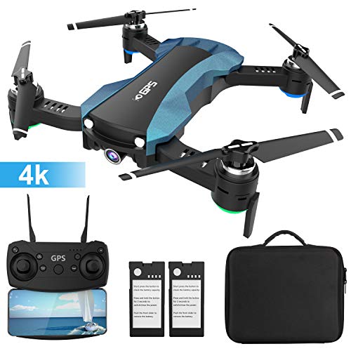 HUKKKYVIT Foldable GPS Drone with HD 4K Camera 5G WiFi FPV Drone RC Quadcopter GPS Auto Return Follow Me with Portable Carry Case 2 Batteries Drones for Beginners