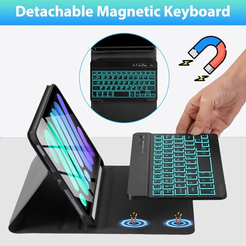 Image of SOPPY for iPad mini 7 Keyboard Case A17 Pro 2024 /iPad Mini 6 Generation Case with Keyboard 2021 8.3 Inch, 7 Color Backlit Detachable Keyboard Cover for iPad mini 7th /6th Gen, US Layout, Black
