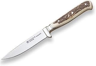 Joker German Forged Knife Babara CC26, Deer Horn Handle, MOVA Blade 4.33 inches, Black Leather Sheath, 130 gr, Fishing Tool, Hunting, Camping and Hiking - Joker