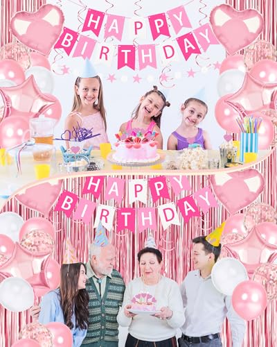 Image of Pink Happy Birthday Party Decorations with Banner Balloons for Women Girls