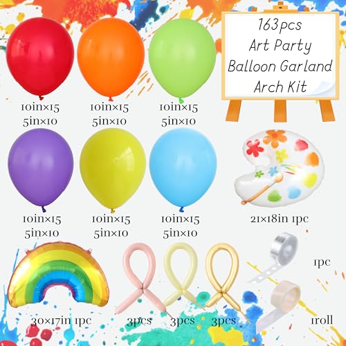 Image of Art Paint Balloon Garland Arch Kit, 163pcs Rainbow Color Balloons with Palette Foil Balloon for Art Painting Splatter Party Supplies Boys Girls Birthday Graffiti Party Baby Shower Decorations