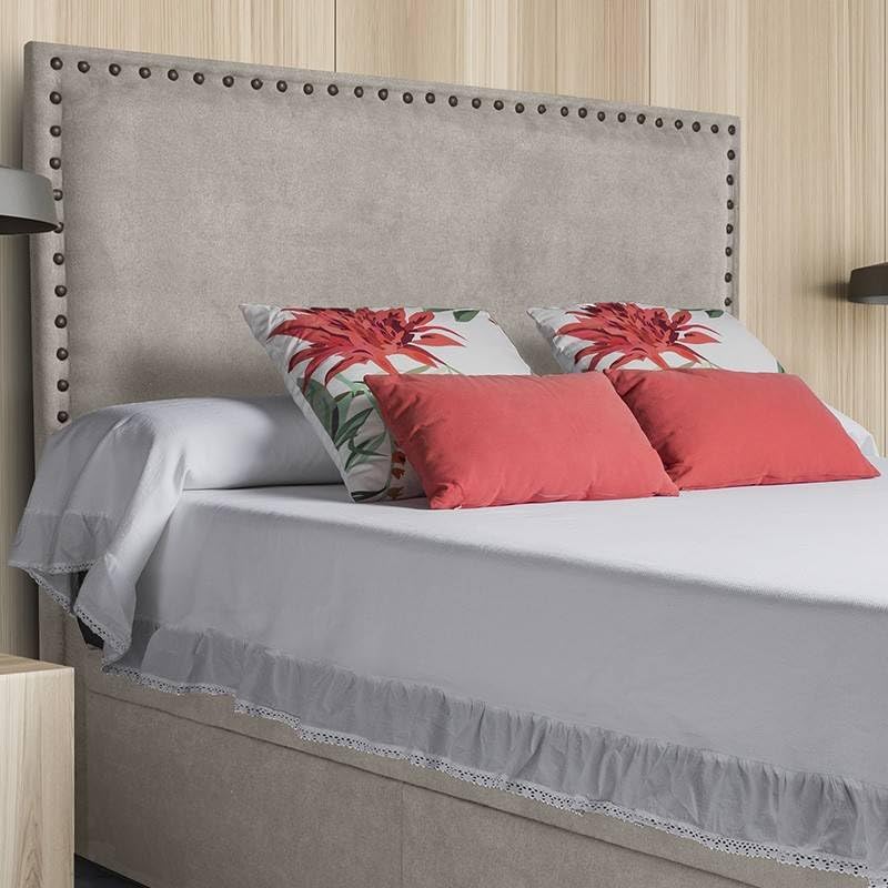 Ventadecolchones - Cabecero de Cama Tapizado en Tela Antimanchas Crudo Modelo de Tachuelas. Acolchado 8 cm Grosor. Medida 166 x 125 cm para Cama de 150 ó 160 cm
