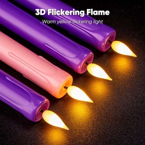 Image of Homemory Flameless Advent Candles, Set of 4, Battery-Operated Flickering LED Candlesticks, Flameless Taper Candles with Remote Timer - 3 Purple, 1 Pink for Christmas Wreath