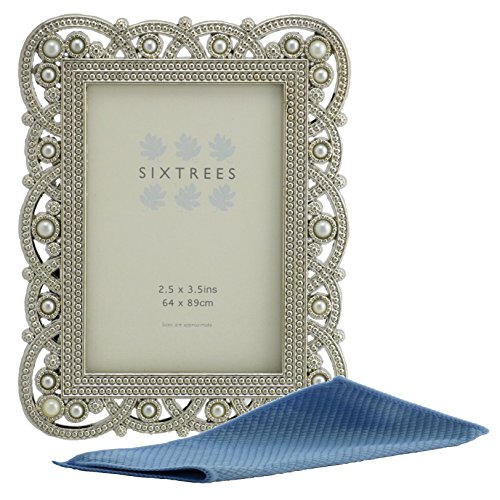 Sixtrees Antique Vintage and Shabby Chic Style silver metal photo frame with beads and crystals for a 3.5" x 2.5" (64 x 89mm) picture - Louisa Complete with our microfibre polishing cloth