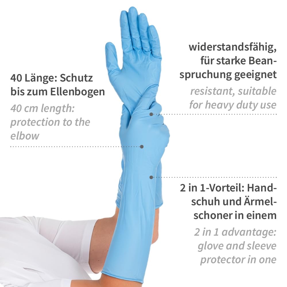 FRANZ MENSCH 50 pezzi Guanti in nitrile Hygostar Extra Safe Superlong, 40 cm | senza polvere, confezione, blu, 7/S, L: 40cm, guanti in nitrile, guanti protettivi, guanti monouso