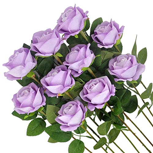 YANLAEH Rosas artificiales realistas con tallos para decoración, ramo de novia, arreglo de flores, 10 unidades (morado)
