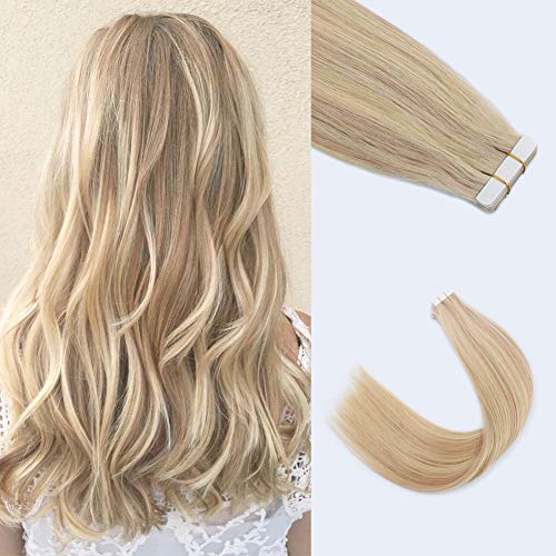 Lovrio 20" 20 Pcs 50g Glue Hair Extensions Piano Color Dirty Blonde mixed with Light Golden Blonde P18-22 Seamless in Human Hair Hair Extensions With Adhensive Tape