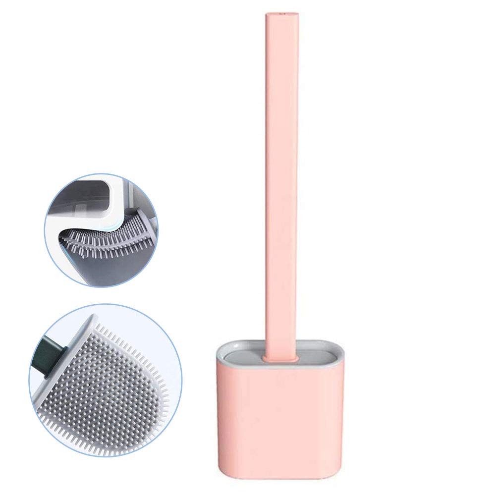 Nutteri Revolutionary Silicone Flex Toilet Brush with Holder,No-Slip Long Handle Toilet Brush with Holder, Standing Holder & Wall Mounting Cleaning Brush Set (Pink)