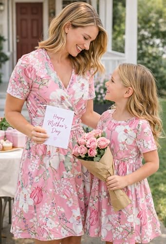 Image of Mommy and Me Floral Dresses Mother Daughter Matching Short Sleeve Tshirt Midi Dress Crew Neck Outfits with Pockets
