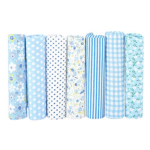 Lot de 7 tissus en coton, 25x25 cm, plusieurs motifs aléatoires, pour couture, patchwork, matelassage et bricolage artisanal couleur café (Fleurs bleues)