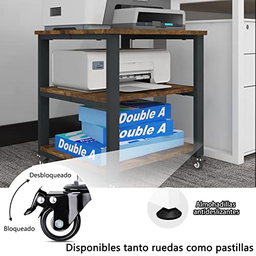 Miniatura 3 de Puncia Mesa Para Impresora De 3 Niveles Con Ruedas Universales Soporte Para Impresora Móvil De Madera Y Metal Carro De Almacenaje 50 X 50 X 50 Cm Retro Para Oficina Hogar Escuela Estudio