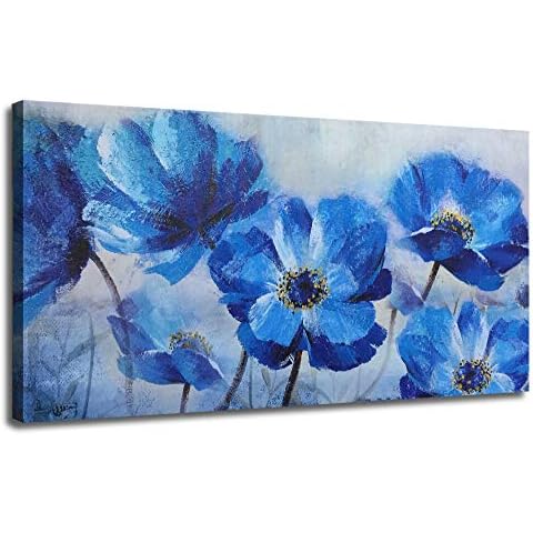 Ardemy Canvas Wall Art Blue Flowers Bloosm Painting Prints Modern One Panel Poppy Florals 40"x20" Large Size, Still Life Picture Framed Ready to Hang for Living Room Bedroom Home Office Kitchen Decor Cover