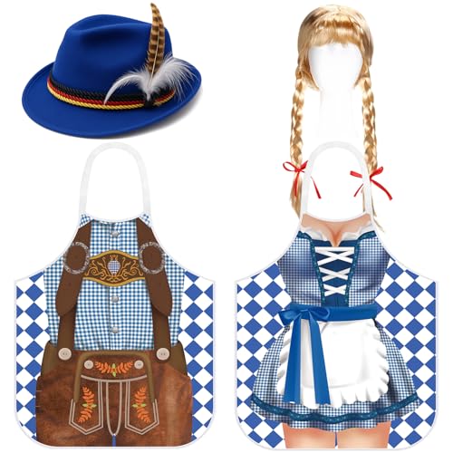 Langyiwee 4 Pcs Oktoberfest Costume Couple Cooking Aprons German Hats Blond Wig Oktoberfest Dress(Blue, Brown,Stylish)
