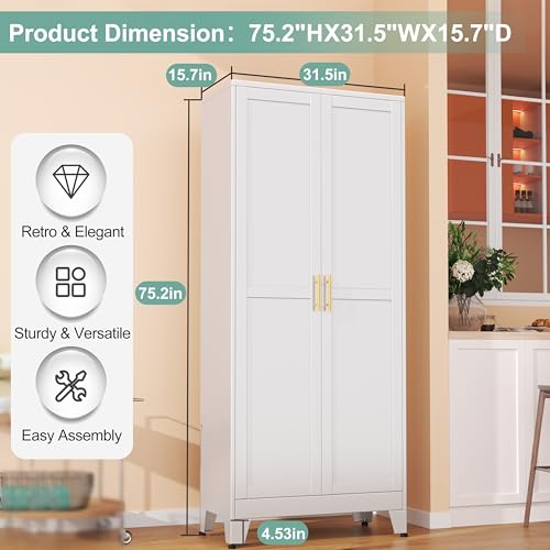 Image of Metal Pantry Cabinet with 2 Doors and 5 Adjustable Shelves, 75 inchKitchen Storage cabinets with Gold Handles, Versatile Storage for Laundry Room, Living Room, Bathroom, Dinning Room, Utility Room-White