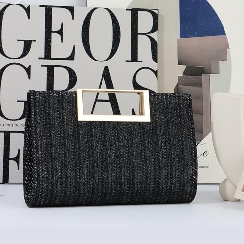 Image of Top Handle Straw Clutch for Women Summer Clutch Straw Evening Bag Raffia Crossbody Purses Woven Beach Clutch