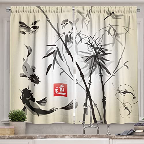 Ambesonne Japanese Kitchen Curtains, Japanese Traditional Garden Design Wildlife Forest Meditation...