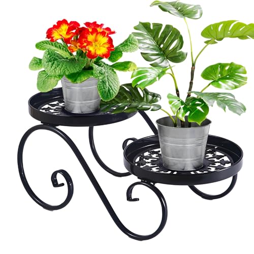Santentre 2 Tier Black Plant Stand, Metal Flower Stand Indoor Outdoor, Anti-Rust Iron Plant Shelf, Round Flower Pot Stands for Multiple Plants, Display Rack Potted Plant Holders for Garden Home Decor