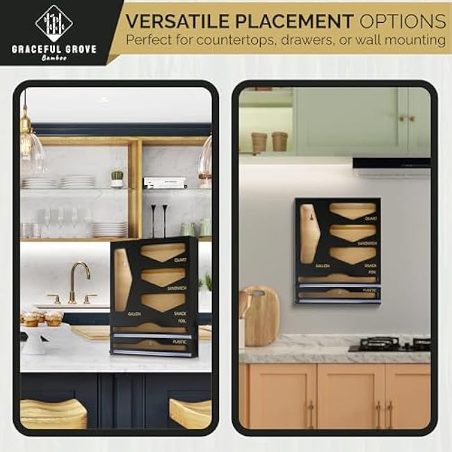 6-in-1 Bamboo Food Storage Bag Organizer for Drawer ¨C Holds Gallon, Quart, Sandwich, Snack Bags & 12 Foil or Plastic Rolls - Plastic Bag Organizer with Wrap Dispenser & Built-In Cutter, Black