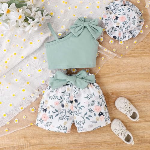 Image of Bold N Elegant Girls Cotton Sleeveless Modern Top and Floral Shorts with Belt and Hat Trendy Coords Set Baby Girl Party Dress Outfit