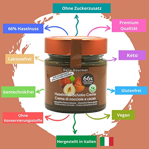 Nussaufstriche ohne Zuckerzusatz und mit höchstem Nussanteil 4x200g| Hergestellt in Italien | Ohne Palmöl, Vegan, Glutenfrei und Gentechnikfrei (Haselnuss-Schoko)