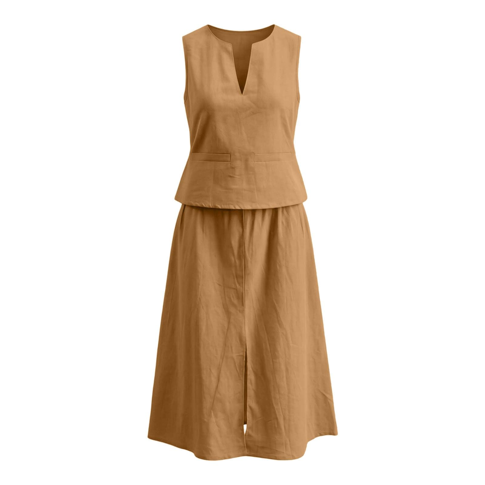 Set da donna estivo, vestito 2 pezzi Ramie cotone lino, set coordinato gonna e top | top senza maniche con scollo a V, tasche placcate, gonne lunghe spacco a vita alta | estate spiaggia vacanze viaggi
