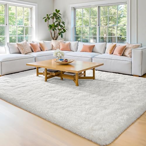 HOMORE White Rugs for Living Room 8x10, Large Fluffy Area Rug Cream Modern Shag Rugs for Bedroom, Super Soft and Comfy Carpet for Kids Playroom, Cute Carpets for Dorm Nursery Home Decor, Ivory