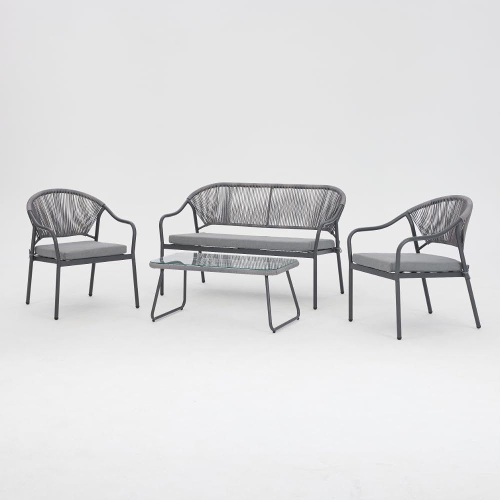 Home Detail Sona Garden Rope Lounge Set, 4 Seater Scandinavian Wicker Outdoor Garden Furniture with Glass Table Top, Grey