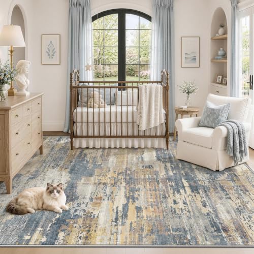 XLUEZ 5x7 Area Rugs for Living Room, Washable Modern Abstract Large Area Rug Neutral Soft Non Slip Kids Rug Stain Resistant Indoor Carpet for Bedroom Nursery Dining Room Playroom(BlueBeige, 5'x7') - image 5