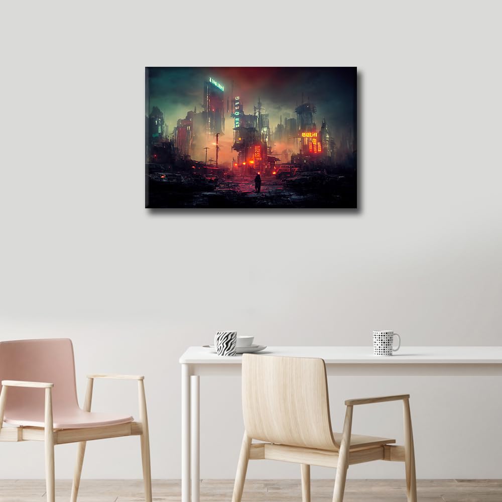 1 Panel Cyberpunk Canvas Wall Decor Cyberpunk Post Apocalyptic City Poster Prints on Canvas for Living Room Entertainment Room Wall Decor Framed to Hang 16 x 24 inch - Image 3