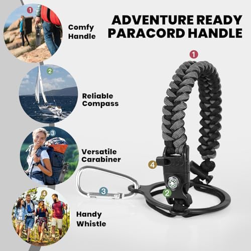 Image of RAYMYLO Insulated Water Bottle 24 oz, Triple Wall Vacuum Stainless Steel (Cold for 24Hrs, Hot for 12Hrs), Leak Proof & Non-BPA, Modern Water Flask Jug with Paracord Handle & Straw Spout Lids