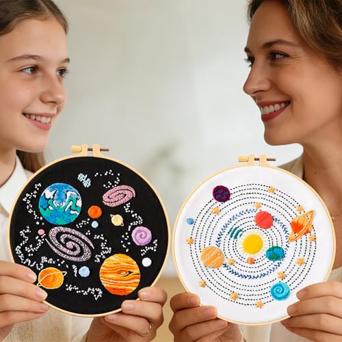 Image of Armindou Embroidery Kit for Adults Beginners, Hand Embroidery Starter Kit with Solar System Patterns, Counted Stamped Cross Stitch Needlepoint Kit for Beginner Adult, 2 Set Embroidery Supplies /Hoop