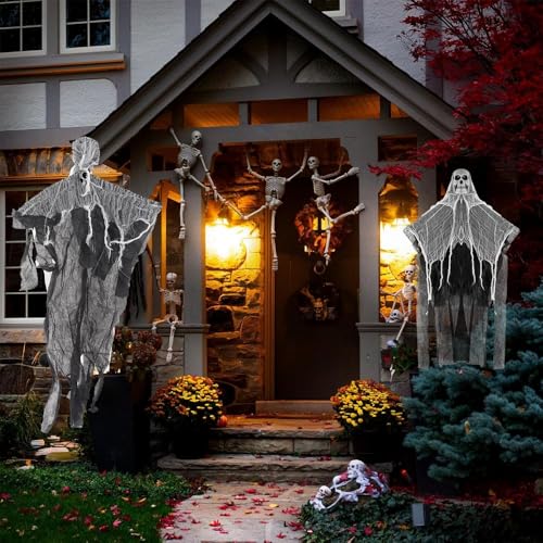 Image of Pop The Party Halloween Hanging Skeleton Ghost - Scary Skull Decoration with Flowing Fabric for Haunted House, Yard, Outdoor & Indoor Halloween Party Props