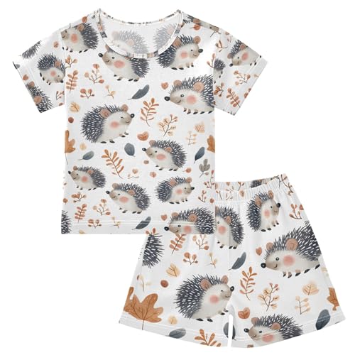 ALAZA Hedgehog Leaves Watercolor Pajamas Set Short Sleeve Cotton Sleepwear Summer Pjs 2 Piece 5-14Y