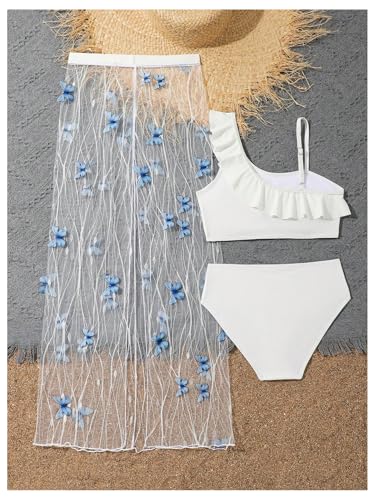 SHENHE Girl's 3 Pieces Bikini Set Ruffle Trim Bathing Suit Asymmetrical Neck Swimsuit with Sheer Pants2