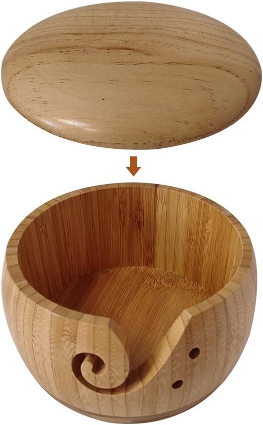 Wooden Yarn Bowl 5.91x3.15inch, Handmade Knitting Yarn Storage Bowl with Lid and Holes, Crochet Bowl Holder for DIY Embroidery Crocheting Accessories(Pine)