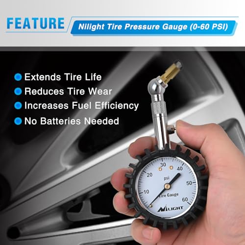 Image of Nilight Tire Pressure Gauge 60PSI Heavy Duty Stainless Steel Air Chucks ANSI B40.1 Certified Large 2 inch Dial Wheel Service Checker for Truck Semi Truck ATV Motorhome Cars & RV Accessories