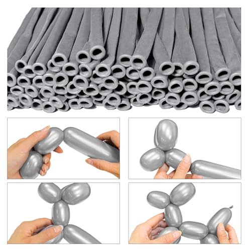 Image of LXZFCRG 260 Long Balloons, Shiny Metallic Latex Twisting Balloon for Balloon Animals, Magic Balloons for Birthdays Wedding Party Decorations 100pcs (Metallic Silver)