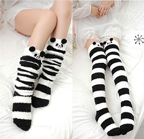 Image of Hotmiss Womens Thigh High Fuzzy Socks Cute Over the Knee Stockings Winter Warm Stripe Leg Warmers