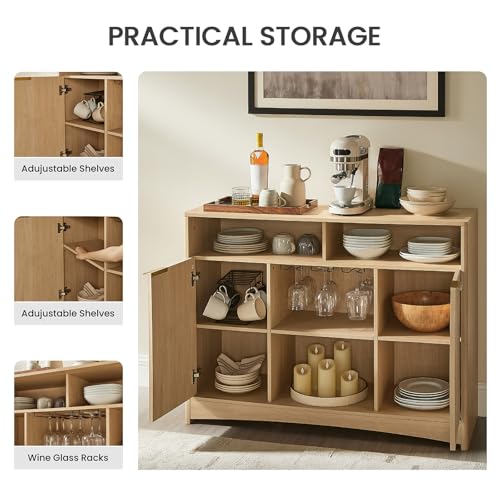 Amada Coffee Bar Cabinet with Wine Glass Rack, 47.2" Buffet Sideboard with Adjustable Shelves, Storage Cabinet for Kitchen,Entryway,Dining Room, Home Bar, Holds 200 lbs, Soft-Close Hinges,Natural Oak