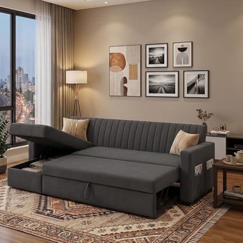Image of CASASTYLE Kyagar 6 Person Seating LHS L Shape Sofa with Pull Out Bed & Storage Lounger | Premium Soft Velvet Suede Fabric | Comfort Cushions | Ideal for Living Room, Hotel & Office (Dark Grey)