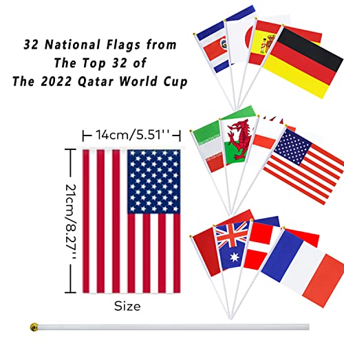 اعلام كاس العالم 2022، 32 قطعة من اعلام جميع الفرق الوطنية المشاركة في اليد، لمباراة التزيين وحفلات كرة القدم والمطاعم وديكور البار