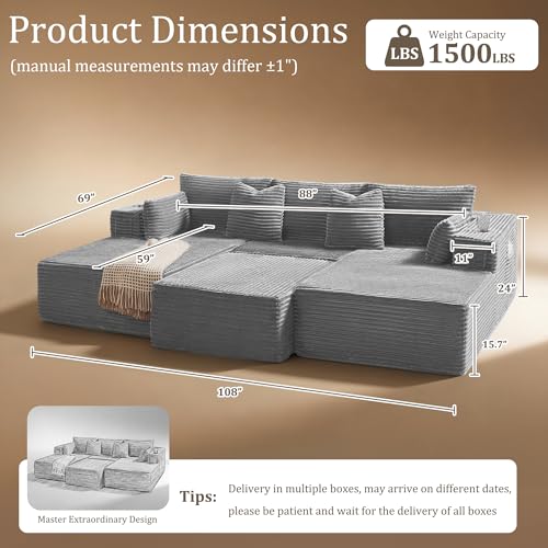 Image of 108 inch Cloud Sectional Couch, Comfort Sleep Sofa for Living Room, Extra Deep Seats No Assembly, Minimalist Modular Couch, Corduroy (Light Grey, Widen Loveseat Chaise)