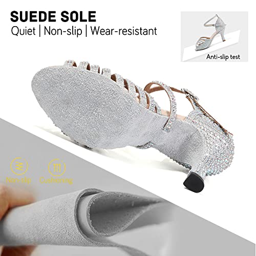 Image of JUODVMP Women's Latin Dance Shoes Rhinestones Satin Ballroom Dancing Shoes Salsa Professional Dance Shoes