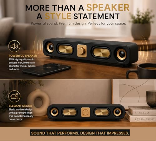 Image of CASON 25W Portable Wireless Bluetooth Soundbar- Vintage Stereo Speakers with FM Radio Sound,8 Hours Battery Life, AUX /USB /TF Card Input,Type C Charging (Black)
