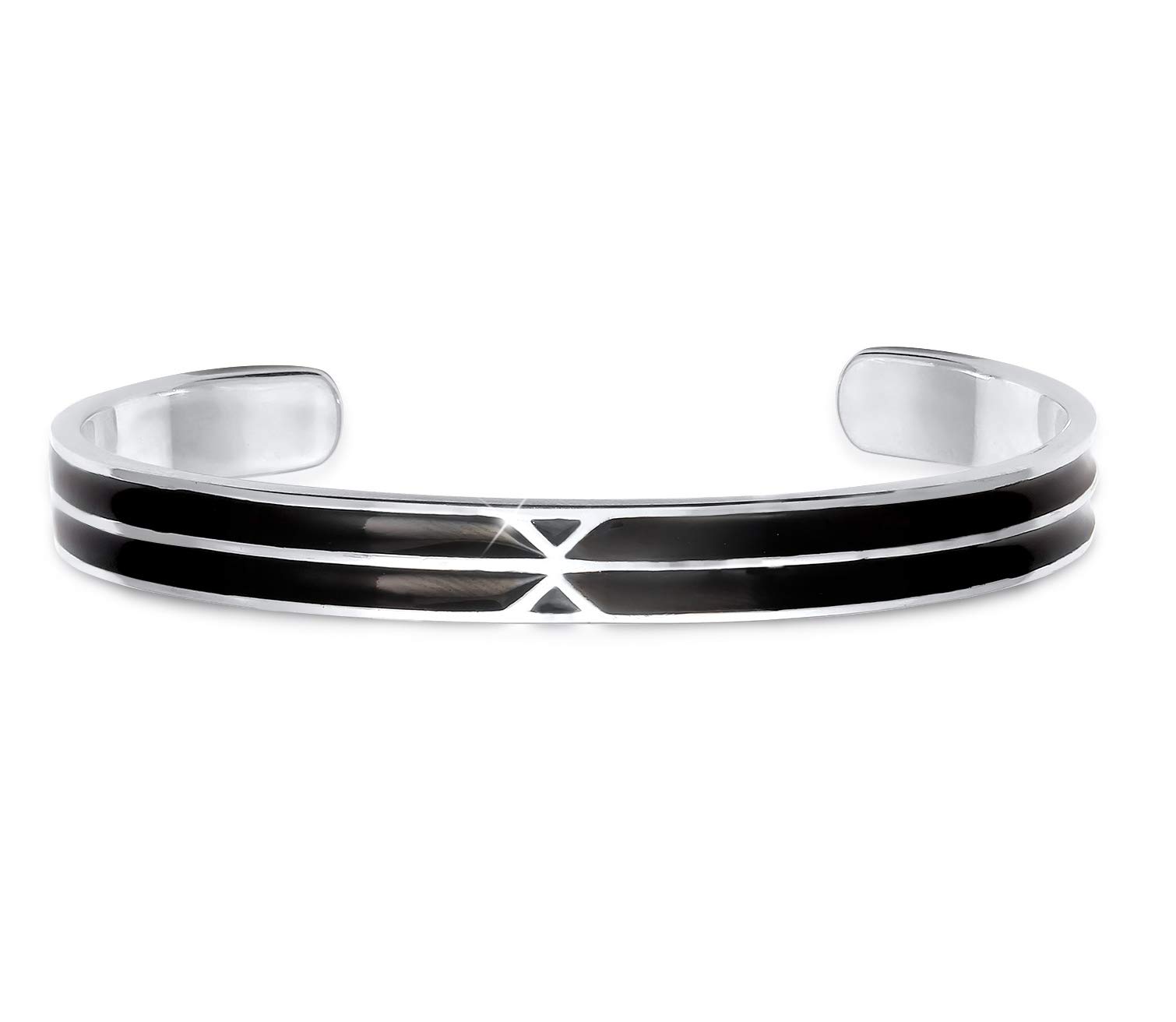 Kuzzoi Pulsera abierta de plata de ley 925 auténtica para hombre, hecha a mano con esmalte negro, 7 mm de ancho, 19 g de peso, 19 centimeters, Plata